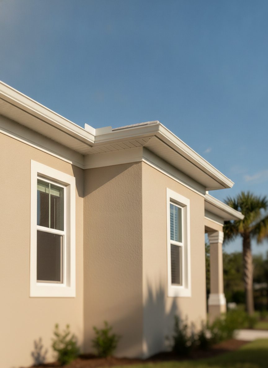 Sunlit corner of a Palm Coast coastal home, freshly painted stucco with crisp white trim and a palm tree against a clear blue sky