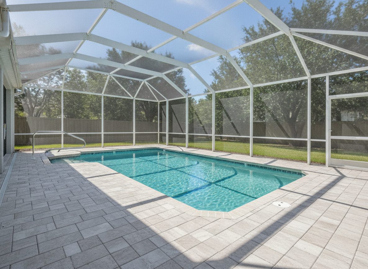 A spotless screened pool lanai with a clean sand-grey paver deck and clear blue pool water in the Florida sun