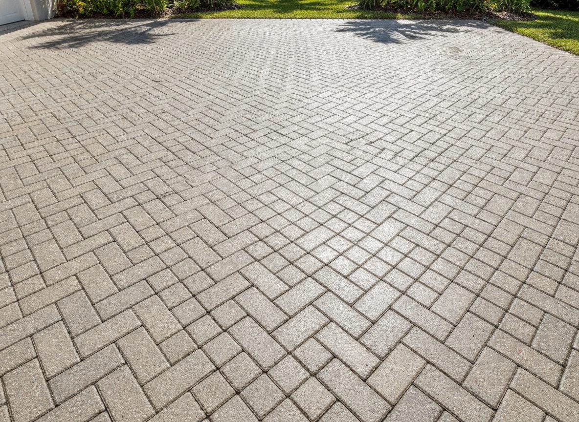 A freshly soft-washed herringbone paver driveway, bright and even under palm-frond shadows
